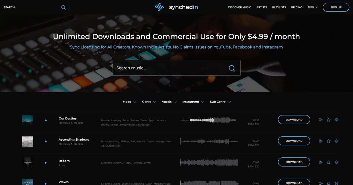 Synchedin – Royalty Free Music for YouTube Video Creators